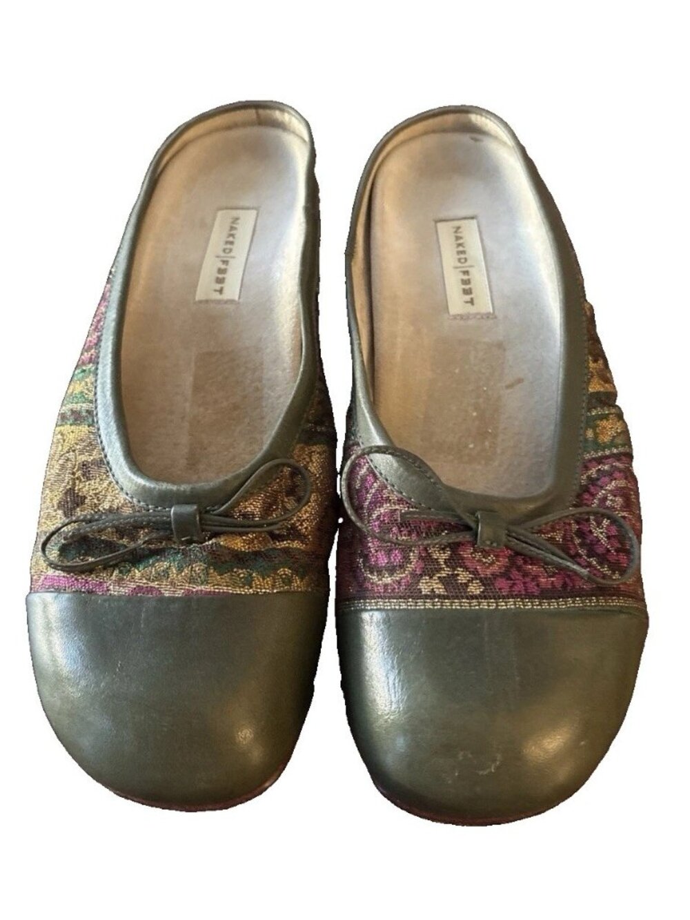 Naked Feet Women’s Slip On Green Leather w/ Multi Color Boho Print Sz 9.5-Brazil